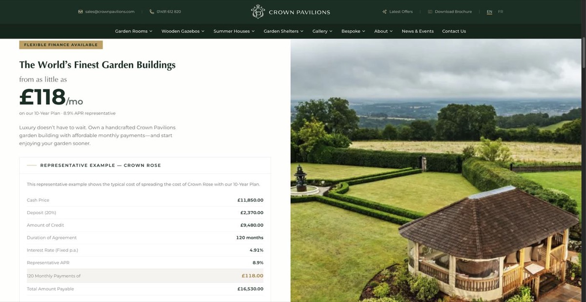 Crown Pavilions finance page with representative example