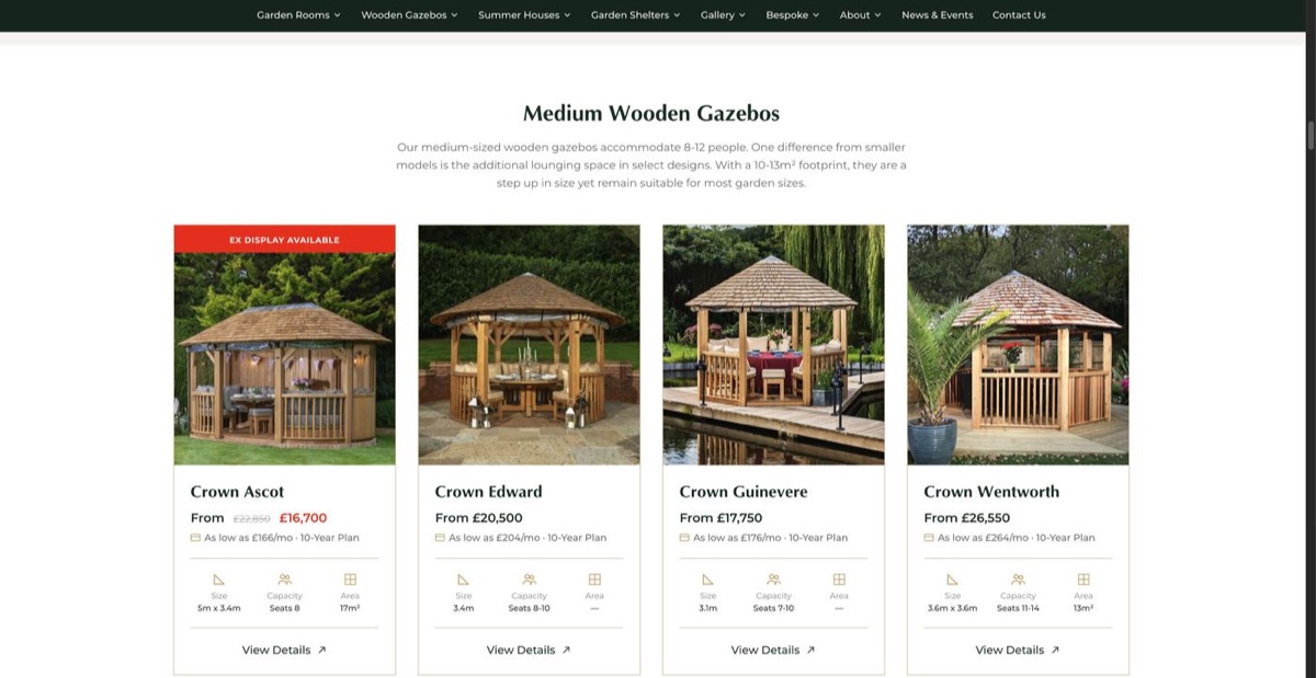 Crown Pavilions gazebo range listing page