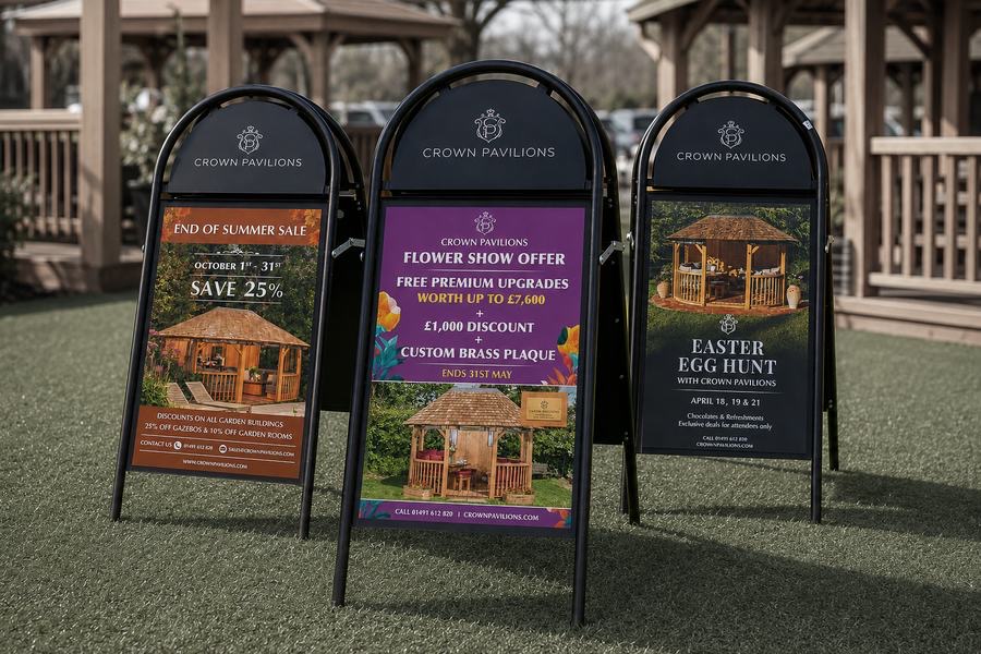 Three Crown Pavilions A-boards on the show site